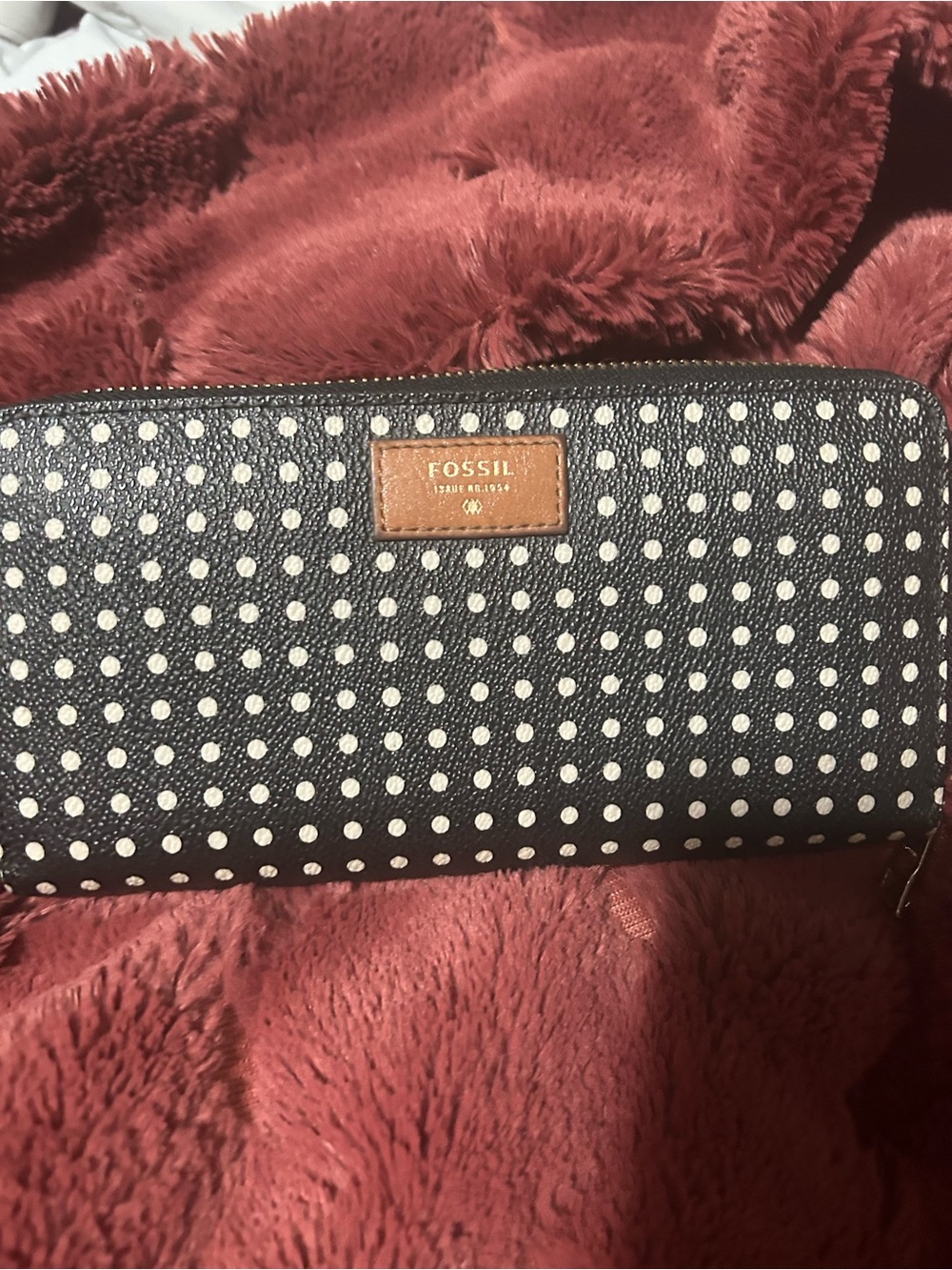 Fossil Navy Polka Dot Zip-Around Wallet with Brown Logo Patch